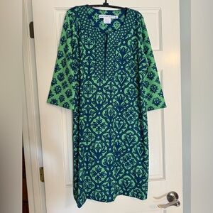 Gretchen Scott Designs Vibrant Green and Blue Long Sleeve V Neck Dress